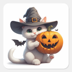 Halloween Witte Kittenspookspomp 🦇 Vierkante Sticker