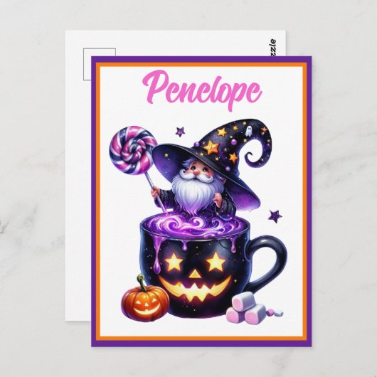 Halloween Wizard in Pumpkin Mok Lollipop Magic Briefkaart (Voorkant / Achterkant)
