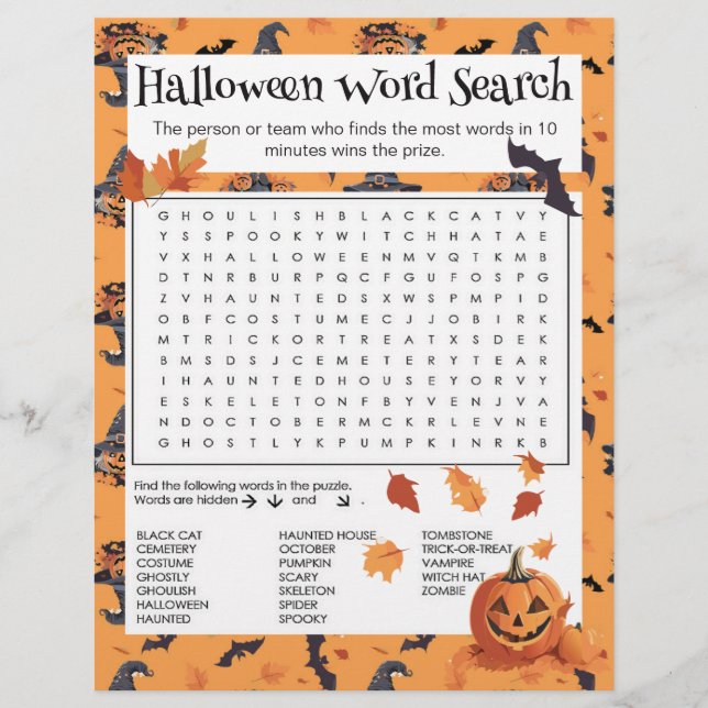 Halloween Word Zoeken Party Game Sheet Briefhoofd (Voorkant)