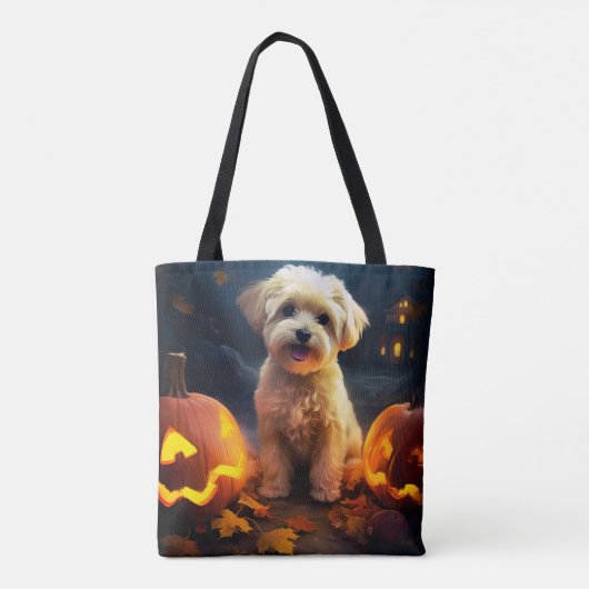 Halloween Yorkipoo met pompoenen eng Draagtas (Achterkant)