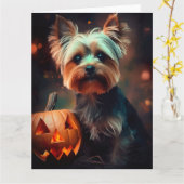 Halloween Yorkshire Terrier met pompoenen eng Kaart (Gele Bloem)