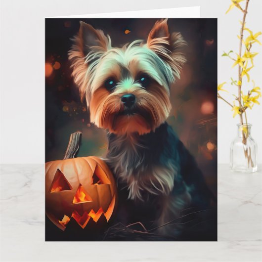 Halloween Yorkshire Terrier met pompoenen eng Kaart (Gele Bloem)