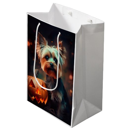 Halloween Yorkshire Terrier met pompoenen eng Medium Cadeauzakje (Voorkant Gekanteld)
