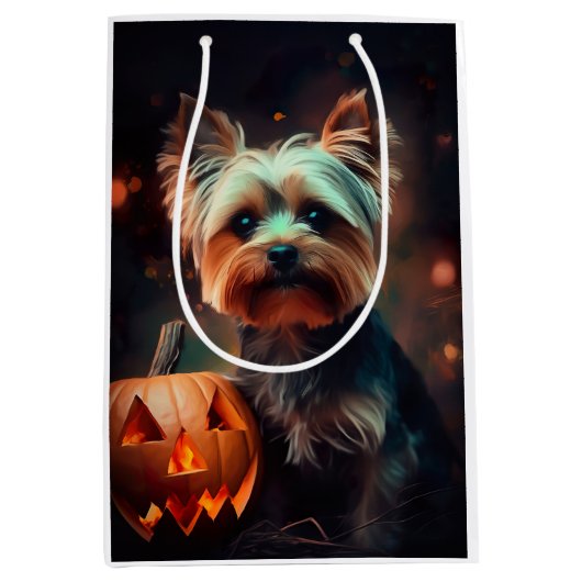 Halloween Yorkshire Terrier met pompoenen eng Medium Cadeauzakje (Voorkant)