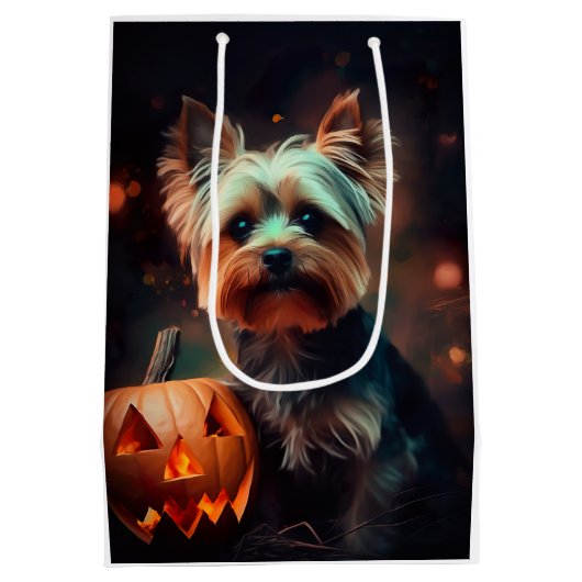 Halloween Yorkshire Terrier met pompoenen eng Medium Cadeauzakje (Achterkant)