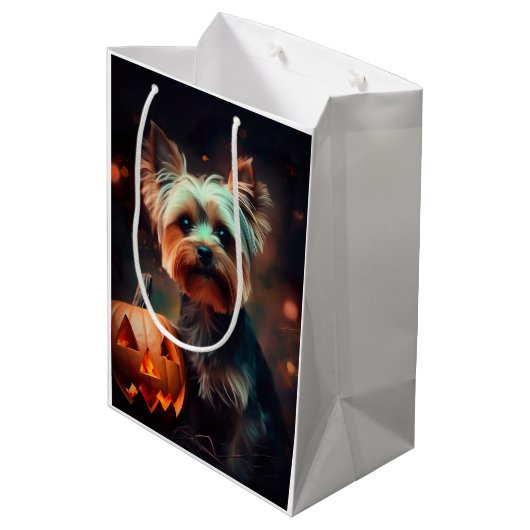 Halloween Yorkshire Terrier met pompoenen eng Medium Cadeauzakje (Achterkant Gekanteld)