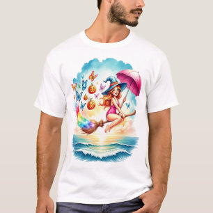 Halloween Zeemeermin Heks op Bezem T-shirt
