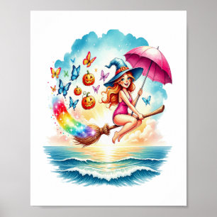 Halloween Zeemeermin Heks op Broom Poster