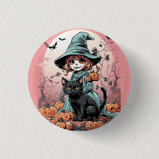 Halloween zombie heks met badge van zwarte kat ronde button 3,2 cm