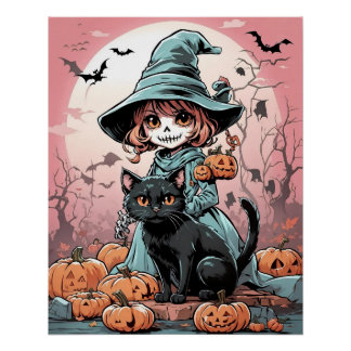 Halloween zombie heks met zwarte kat Poster Perfect Poster