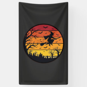 Halloween Zonsondergang Heks Silhouet Retro Cirkel Spandoek