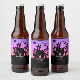 Halloween Zonsondergang Nacht Heks en Vleermuizen Bier Etiket