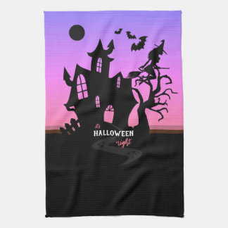 Halloween Zonsondergang Nacht Heks en Vleermuizen Theedoek
