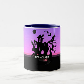 Halloween Zonsondergang Nacht Heks en Vleermuizen Tweekleurige Koffiemok