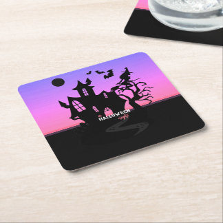 Halloween Zonsondergang Nacht Heks en Vleermuizen Vierkante Kartonnen Onderzetter