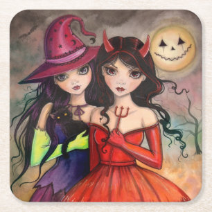 Halloween Zusters Trick or Treating Kunst Vierkante Kartonnen Onderzetter