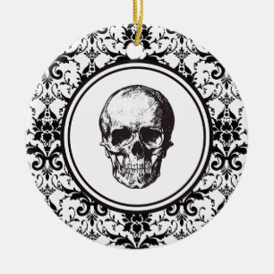 HALLOWEEN Zwart Damast Patroon Schedel Gepersonali Keramisch Ornament