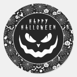 Halloween zwart en wit pompoen griezelig gezicht ronde sticker