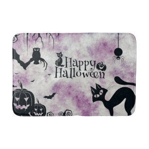 Halloween Zwart Kat Boze Pompoenen Enge Uilen Roze Badmat