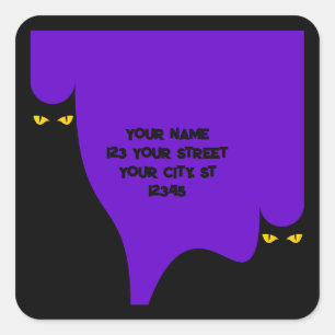 Halloween Zwart Kat Gloeiende Ogen Spooky Paarse Vierkante Sticker