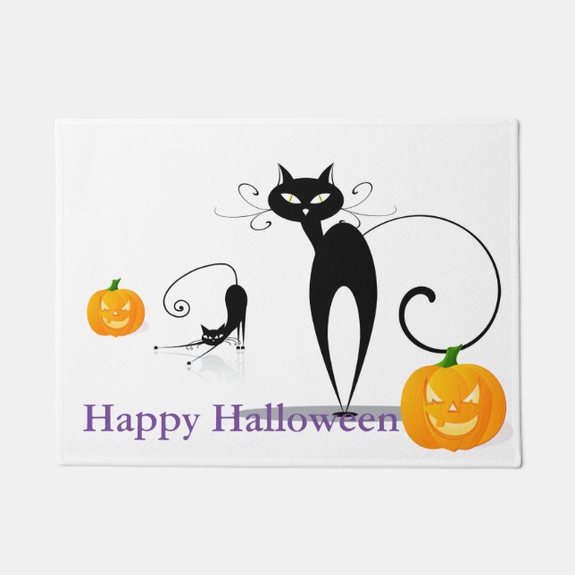 Halloween Zwart Katten & Pompoenen Deurmat (Voorkant)