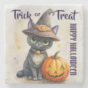 Halloween zwart kattenkrik o lantaarn trick or tre stenen onderzetter