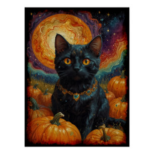 Halloween Zwart Kitten en Pompoen Perfect Poster