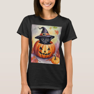 Halloween zwart kitten heks Pet pompoen Kaart T-shirt