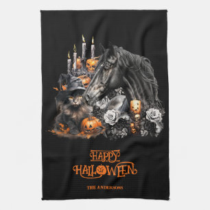Halloween zwart Paard zwart Kat spooky Theedoek