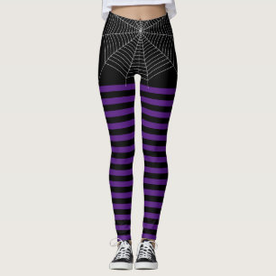 Halloween Zwart Paarse Witte spin web strepen Leggings