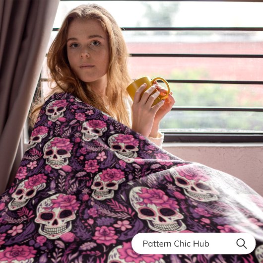 Halloween Zwart & Roze Suikerschedel Modern Fleece Deken