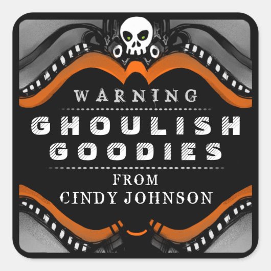 Halloween Zwart Sinaasappel Wit Treat Waarschuwing Vierkante Sticker (Voorkant)