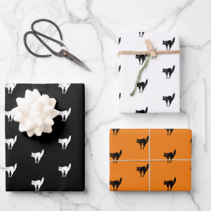 Halloween zwart sinaasappel wit zwart kattenpatroo inpakpapier vel
