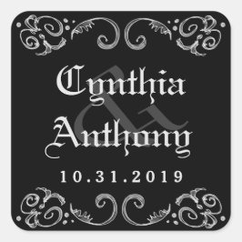 Halloween Zwart Wit Gotische Namen & Trouwdatum Vierkante Sticker