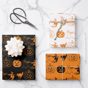 Halloween zwart wit oranje spookpatroon inpakpapier vel