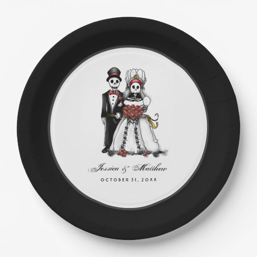 Halloween Zwart & Wit Rood Skeletten Matching Papieren Bordje (Voorkant)