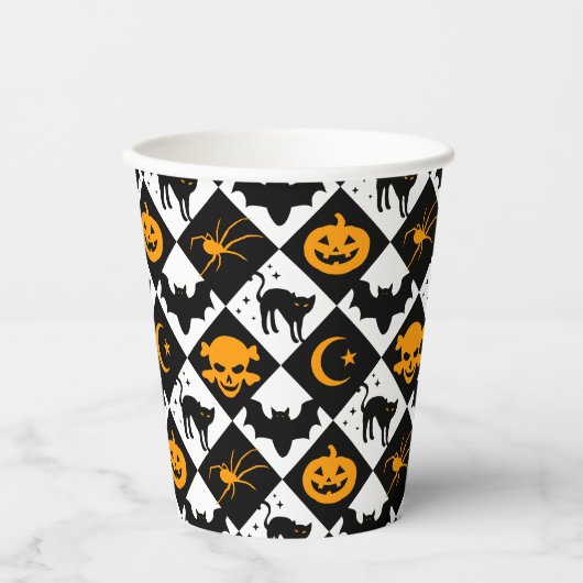 Halloween Zwart Wit Sinaasappel Harlekijnpatroon Papieren Bekers (Voorkant)