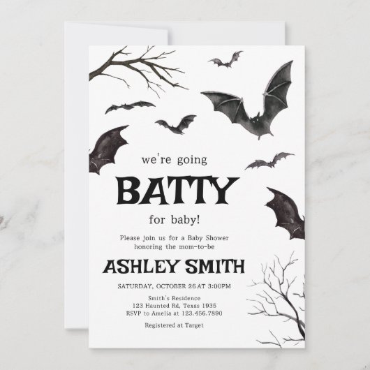 Halloween zwart-wit vleermuizen Baby shower Kaart (Voorkant)