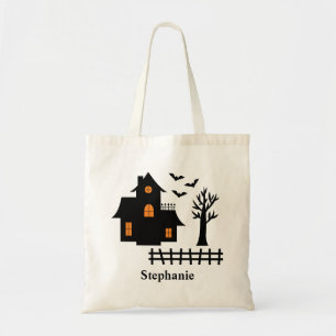 Halloween Zwarte Geest Huis Silhouet En Naam Tote Bag