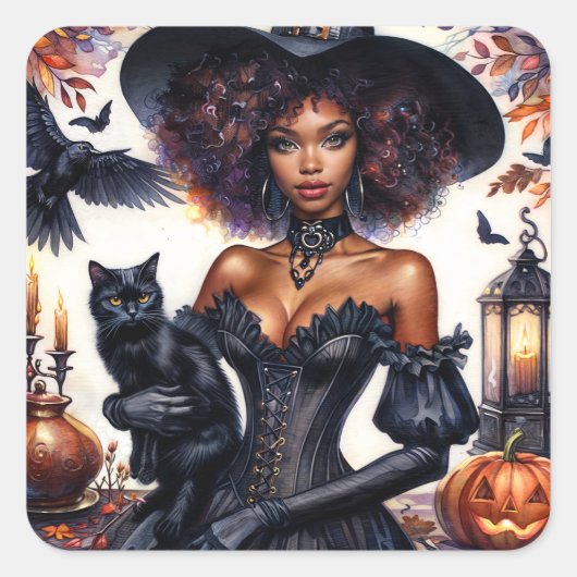 Halloween zwarte heks met kat herfst vierkante sticker (Voorkant)
