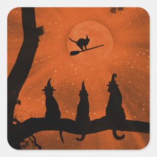 Halloween zwarte heksenkatten en maan vierkante sticker