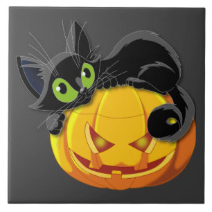 Halloween zwarte kat bovenop pompoen tegeltje