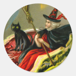 Halloween zwarte kat en heks Ronde Sticker