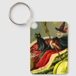 Halloween zwarte kat en heks Sleutelhanger
