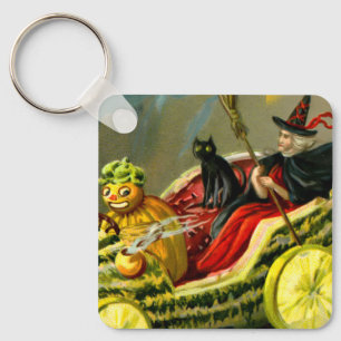 Halloween zwarte kat en heks Sleutelhanger
