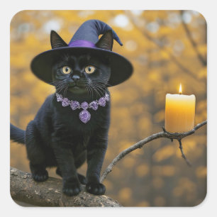 Halloween Zwarte Kat en Heksenhoed Kaars Mystiek Vierkante Sticker