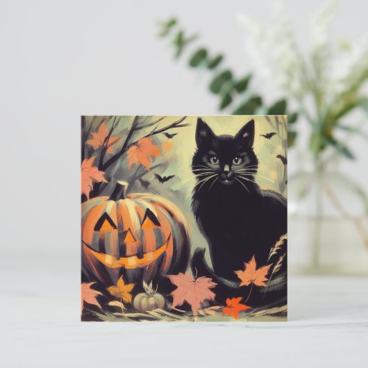 Halloween Zwarte Kat en Pompoen Kaart (Staand voorkant)