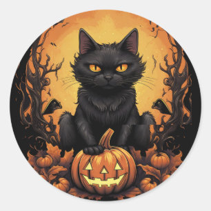 Halloween Zwarte kat en pompoen Ronde Sticker