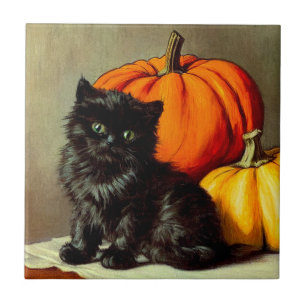 Halloween zwarte kat en pompoenen Tegeltje
