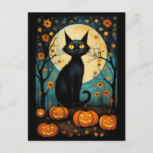 Halloween zwarte kat en volle maan griezelige pomp briefkaart (Voorkant)